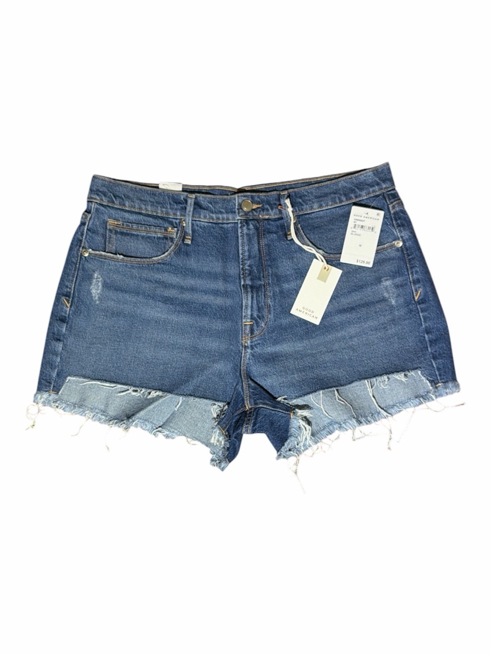 Good American Medium Blue Distressed Frayed Hem Denim Shorts